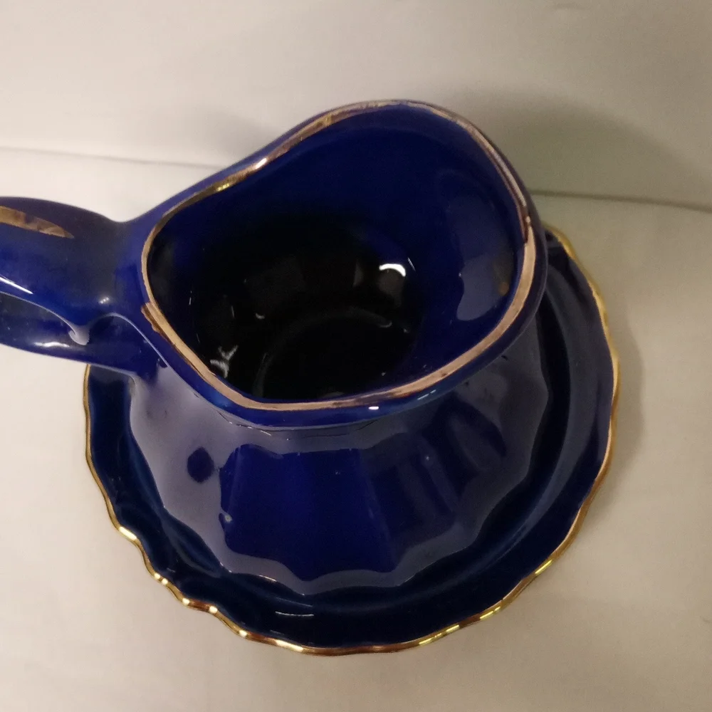 Cobalt Blue Rib Pitcher, Peacock Bird, Floral Pattern & Saucer 4.5